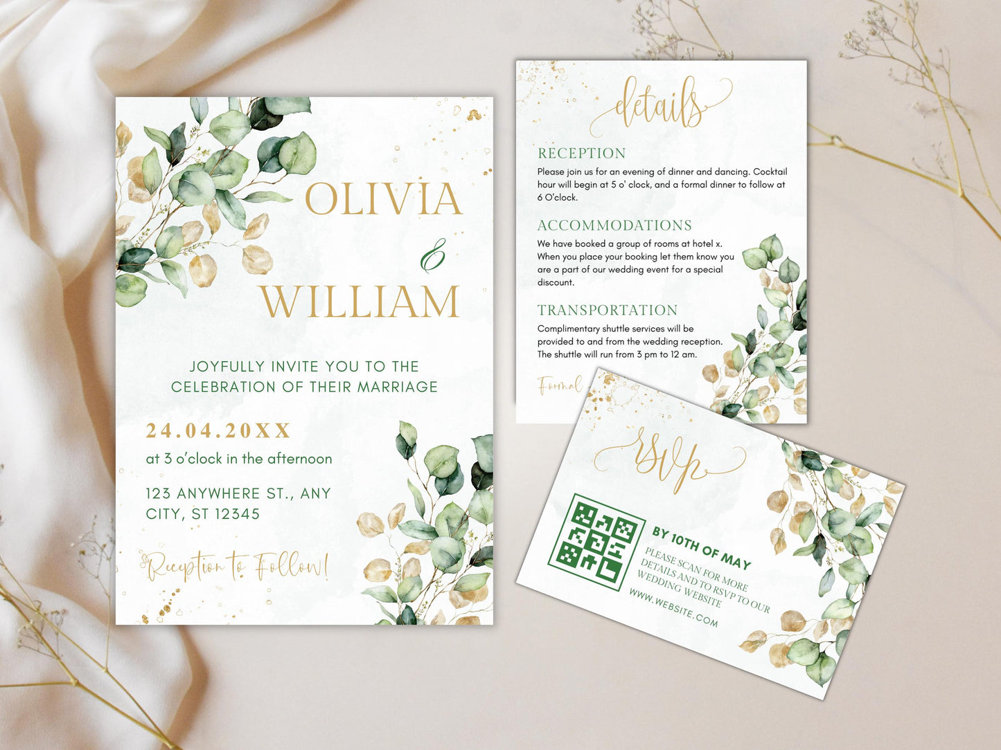 Greenery Wedding Invitation Template with RSVP QR Code (Digital Download)