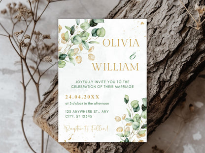 Greenery Wedding Invitation Template with RSVP QR Code (Digital Download)