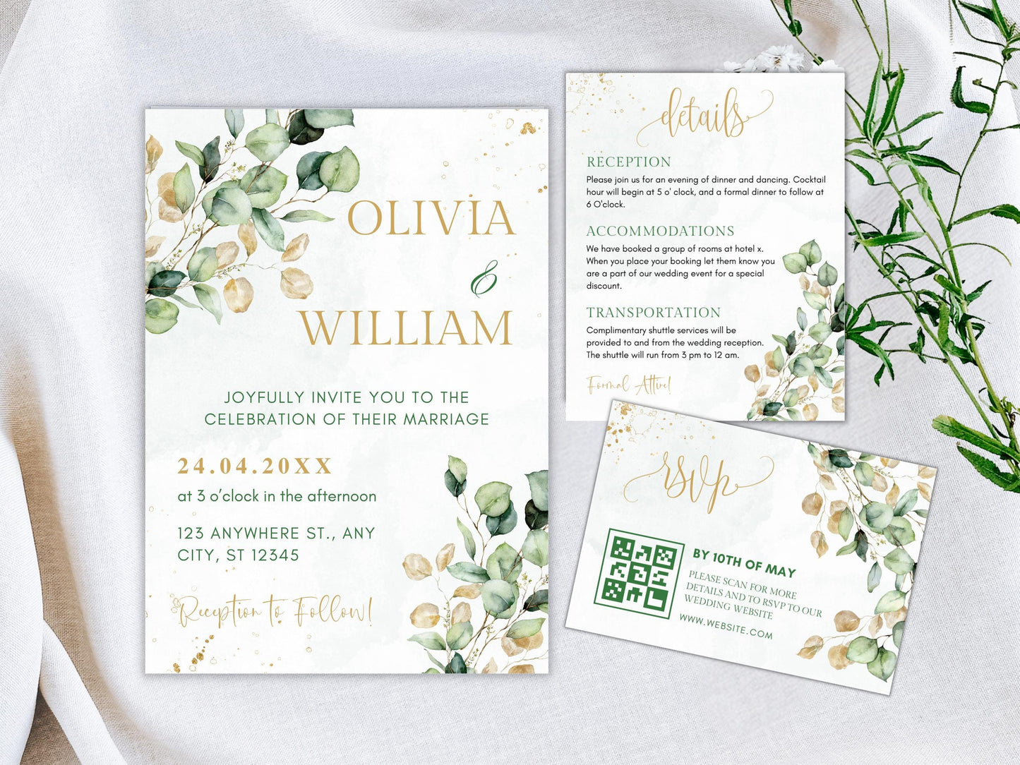 Greenery Wedding Invitation Template with RSVP QR Code (Digital Download)