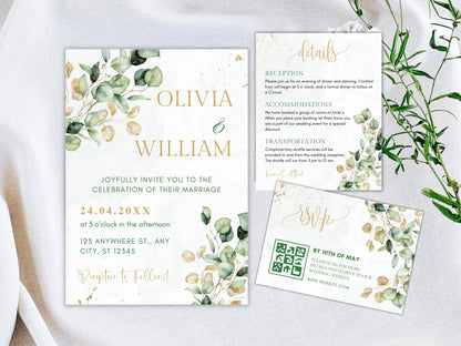 Greenery Wedding Invitation Template with RSVP QR Code (Digital Download)
