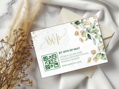 Greenery Wedding Invitation Template with RSVP QR Code (Digital Download)