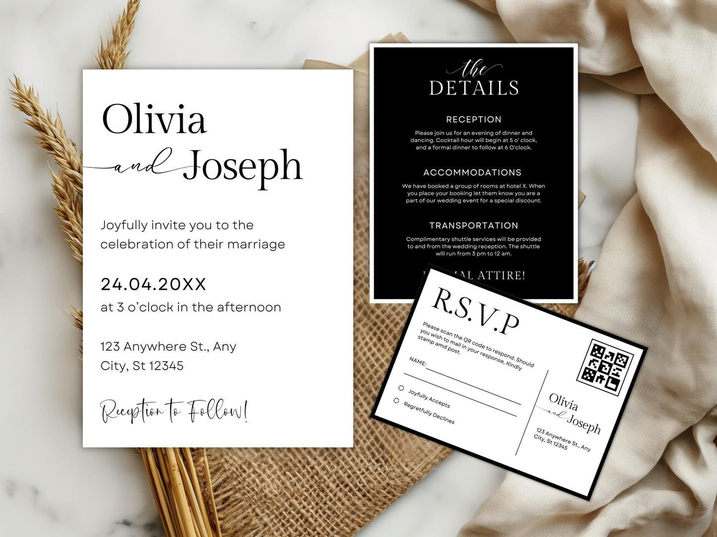 Minimalist Wedding Invitation Template with QR Code (Digital Download)