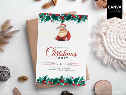 Editable Santa Hat Christmas Party Invitation | Holiday Party Invite Template | Canva Printable PDF