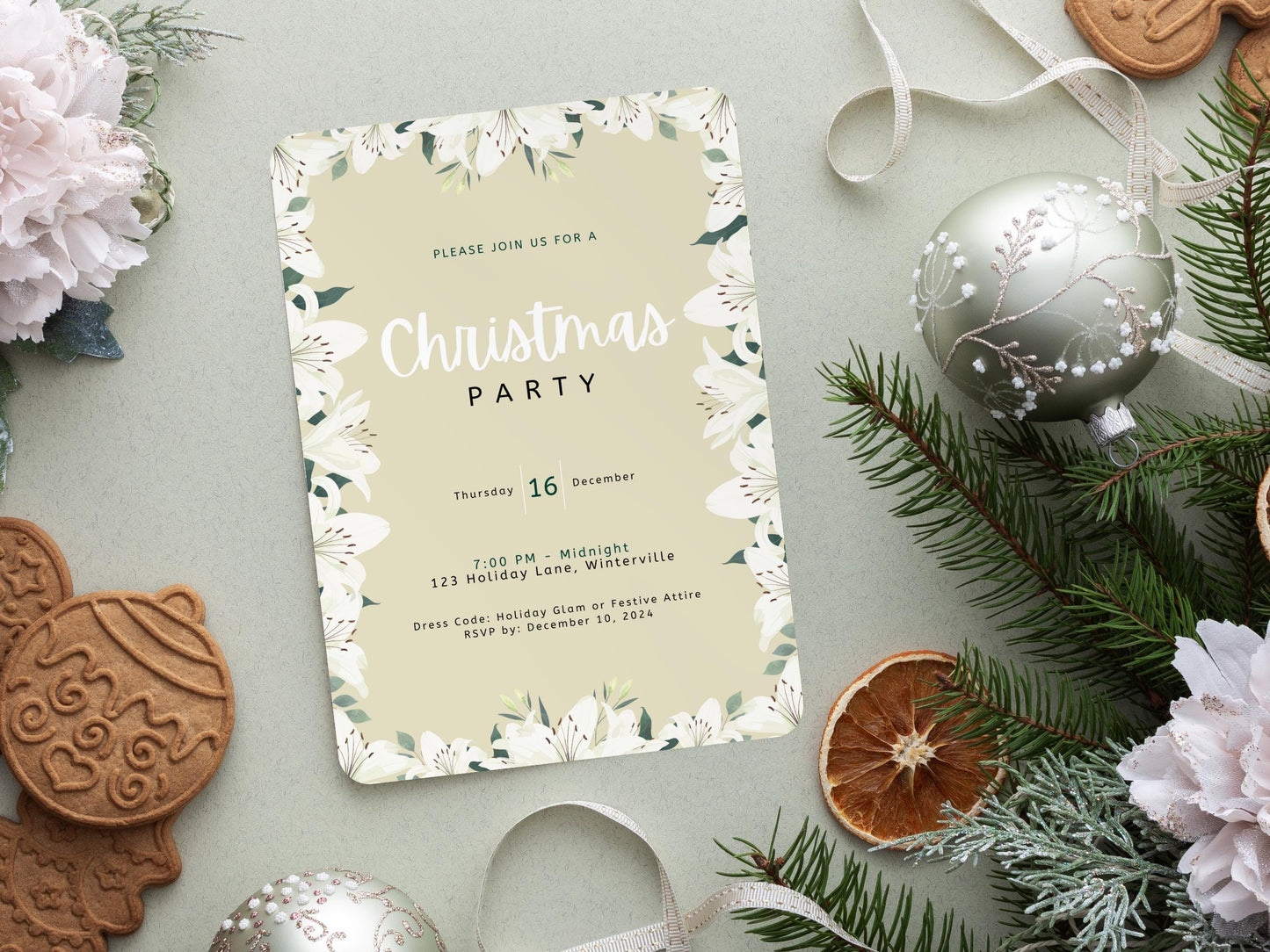 Floral Christmas Party Invitation: Editable Template (Digital Download)
