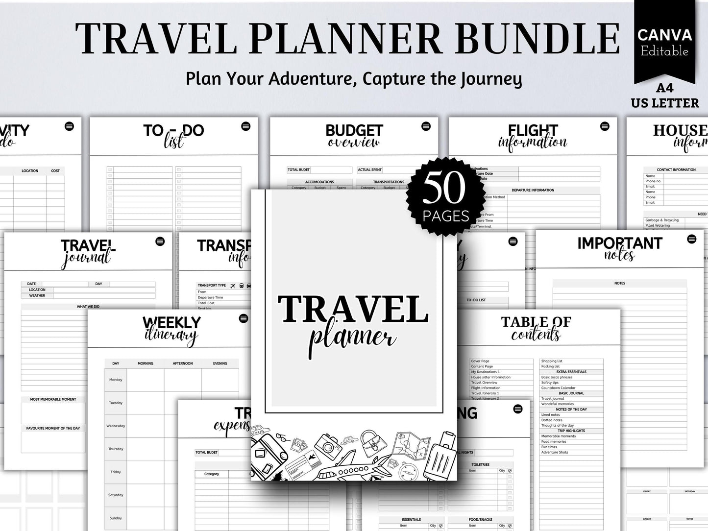 50-Page Travel Planner Bundle: Itinerary, Organizer, Journal (Digital Planner)
