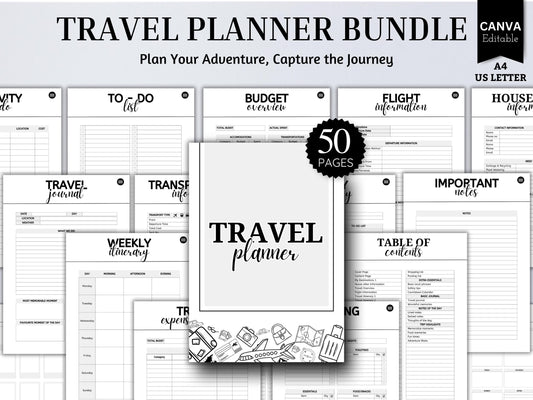 50-Page Travel Planner Bundle: Itinerary, Organizer, Journal (Digital Planner)