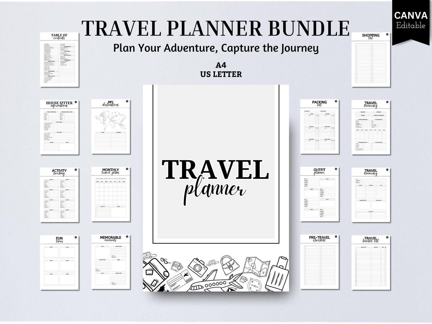 50-Page Travel Planner Bundle: Itinerary, Organizer, Journal (Digital Planner)