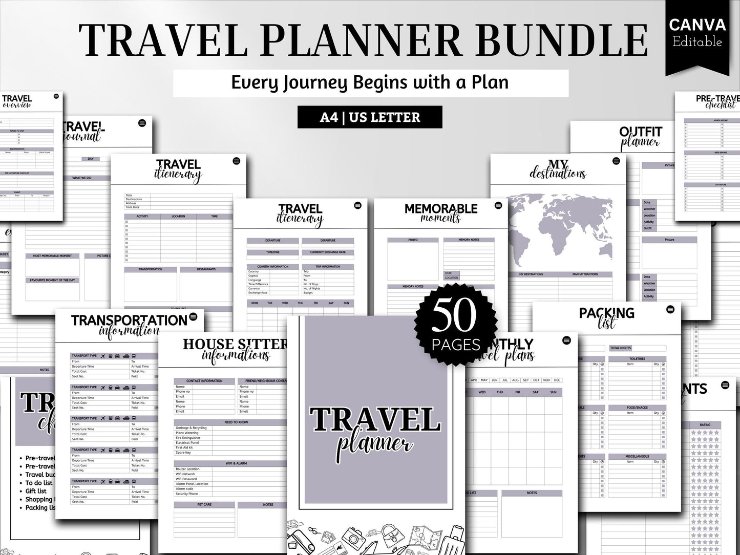 Travel Planner Bundle: 50-Page Itinerary Template (A4 & US Letter) (Digital Download)