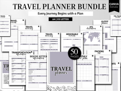 Travel Planner Bundle: 50-Page Itinerary Template (A4 & US Letter) (Digital Download)