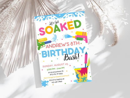 Water Gun Birthday Invitation Template, Editable Water Gun Invite, Water Party Invitation, Let's Get Soaked Invite, Water Gun Splash Party