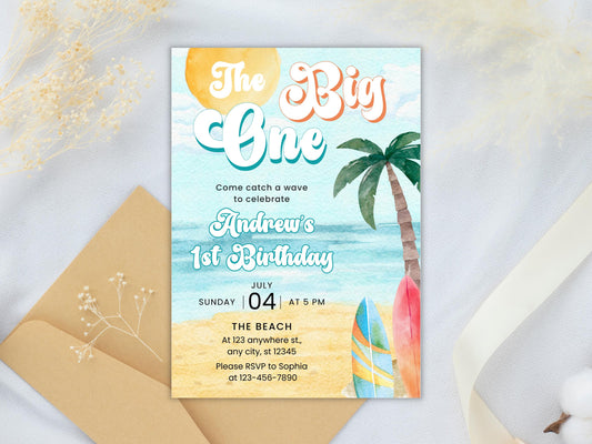 Editable Big One Beach Birthday Invitation Template (PDF)