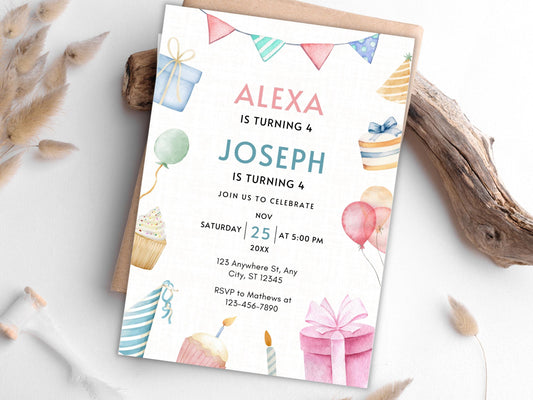 Editable Joint Birthday Invitation Template: Sibling Celebration (PDF)