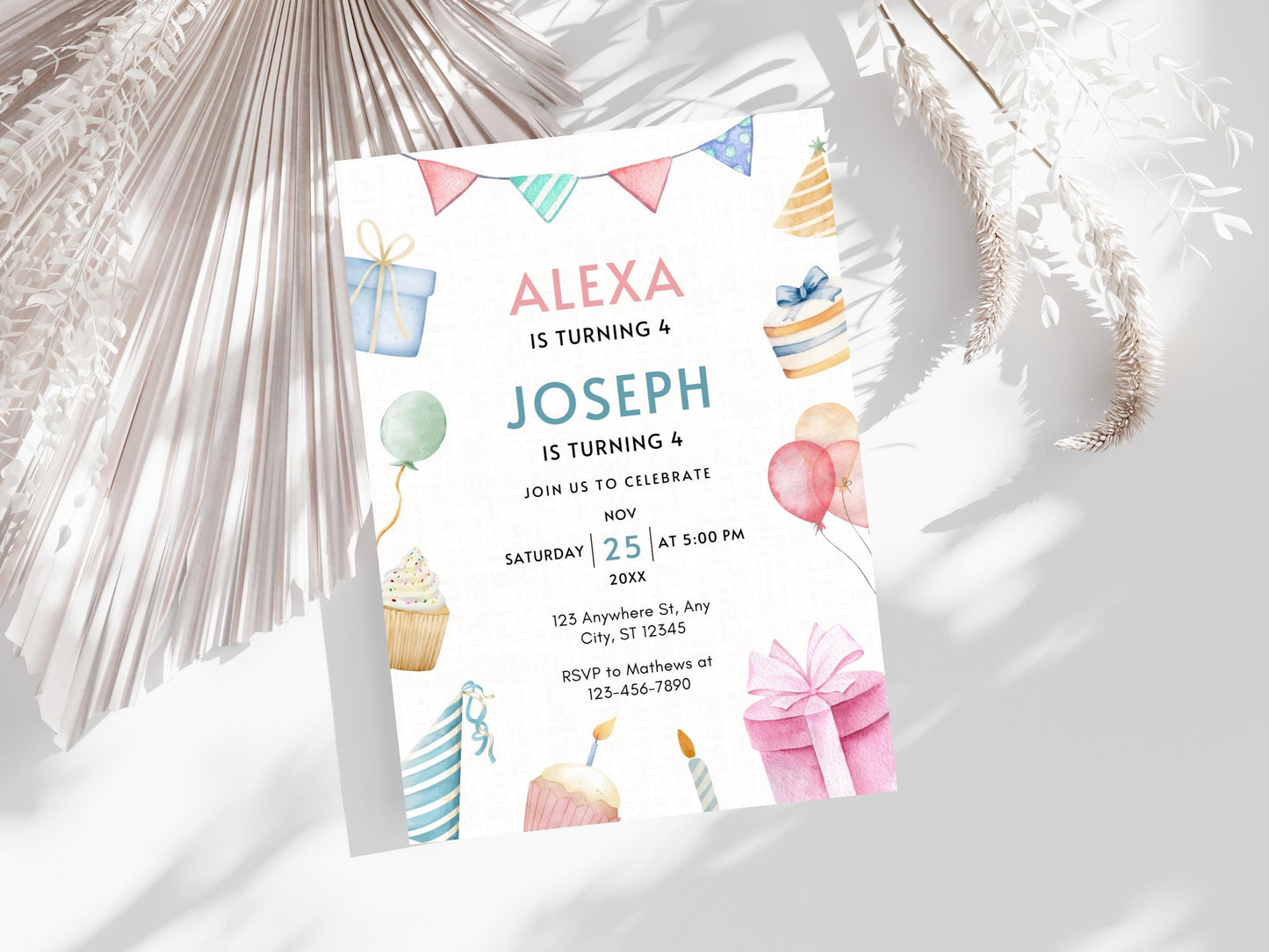 Editable Joint Birthday Invitation Template: Sibling Celebration (PDF)