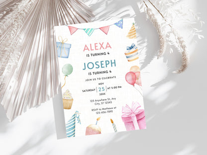 Editable Joint Birthday Invitation Template: Sibling Celebration (PDF)