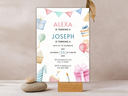 Editable Joint Birthday Invitation Template: Sibling Celebration (PDF)