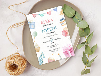 Editable Joint Birthday Invitation Template: Sibling Celebration (PDF)