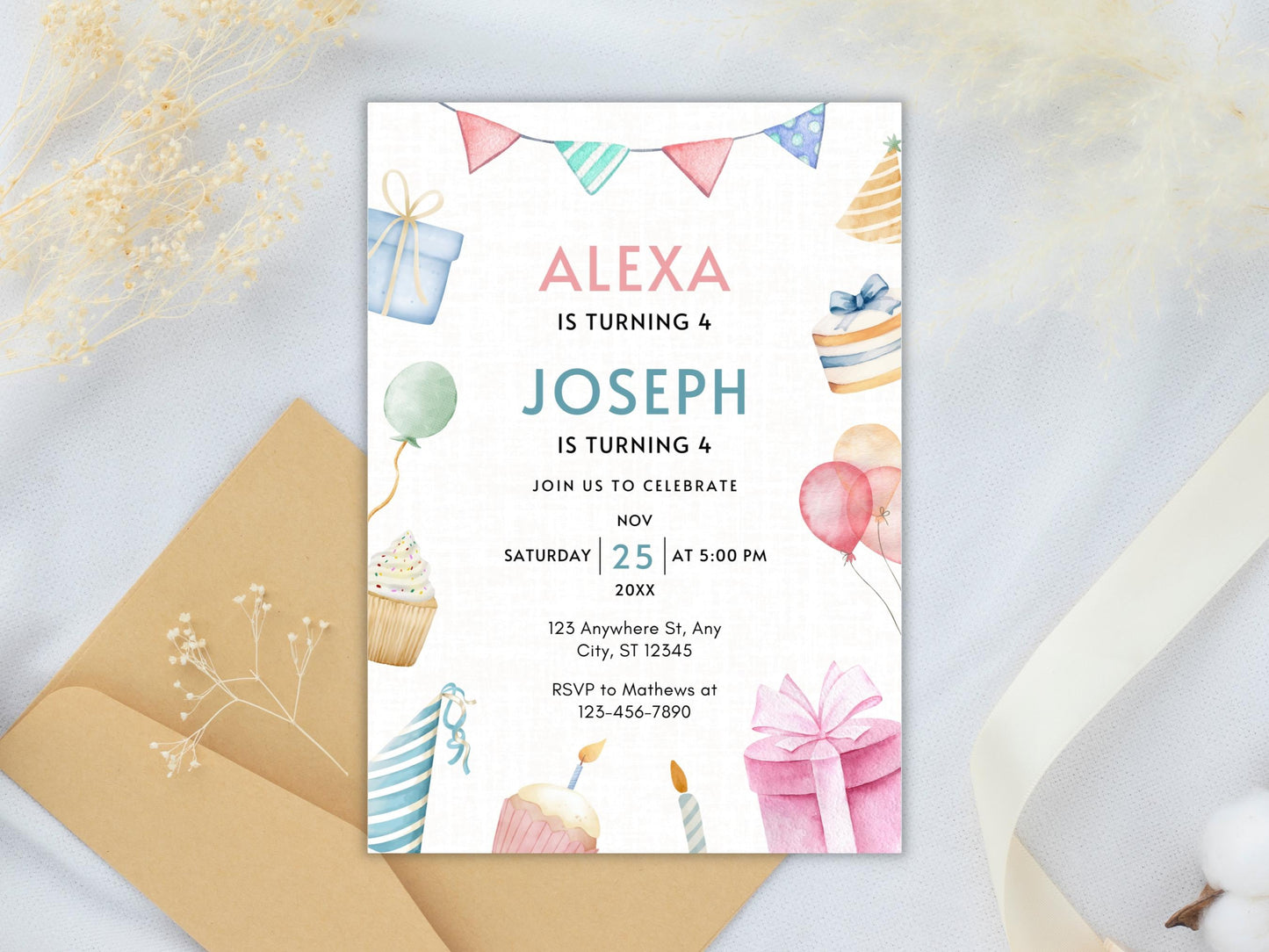 Editable Joint Birthday Invitation Template: Sibling Celebration (PDF)