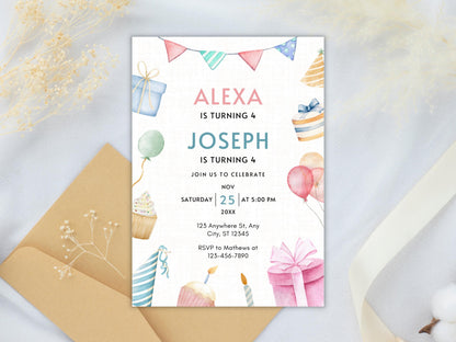 Editable Joint Birthday Invitation Template: Sibling Celebration (PDF)