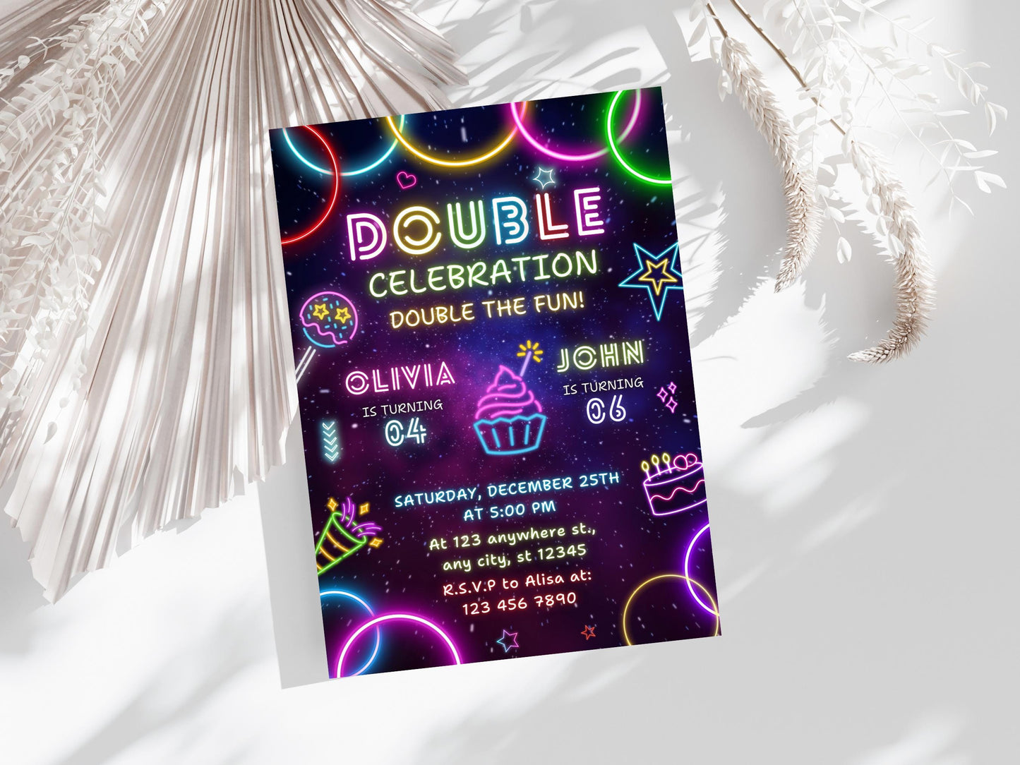 Editable Neon Joint Birthday Invitation Template (Digital Download)