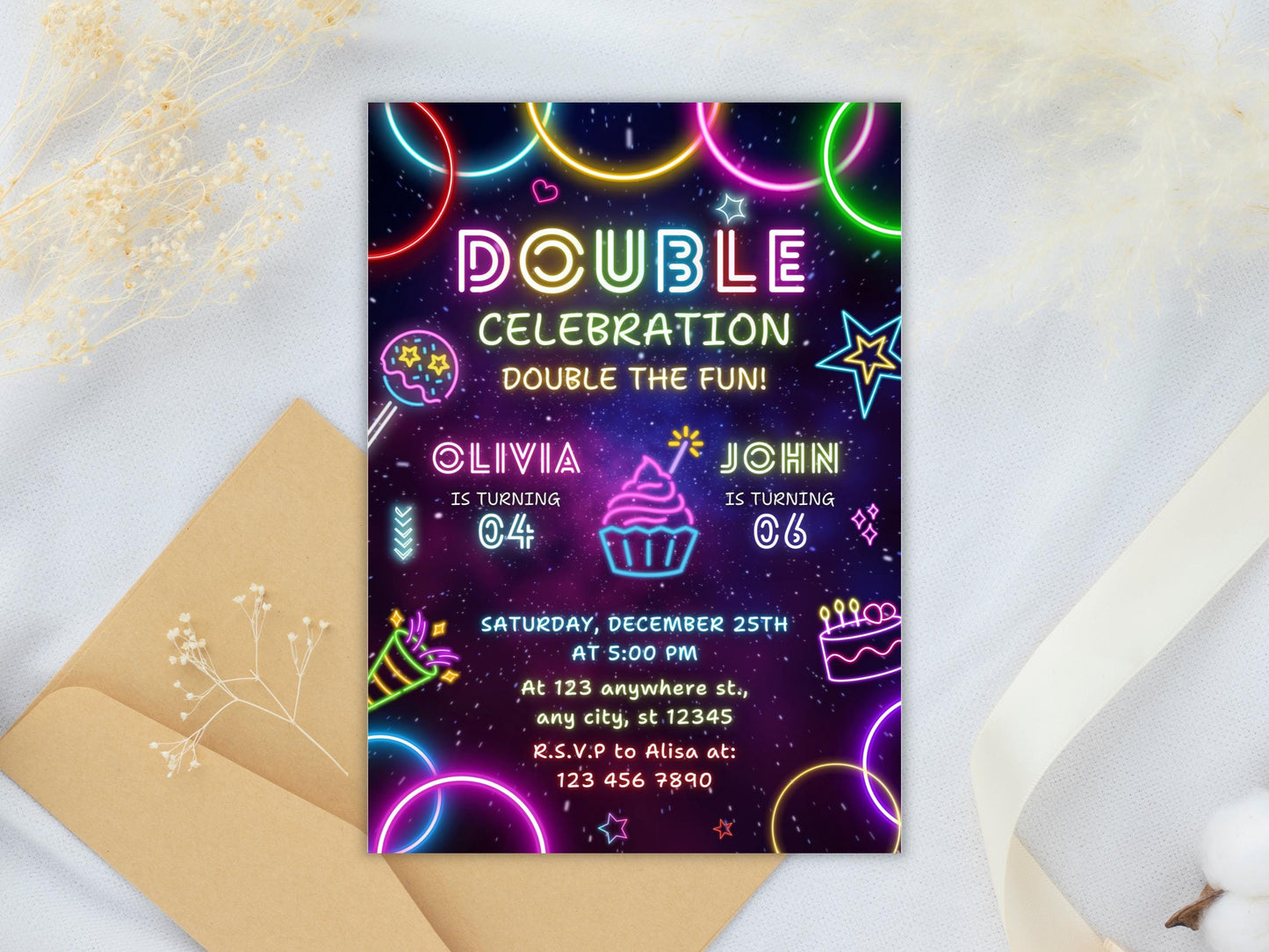 Editable Neon Joint Birthday Invitation Template (Digital Download)