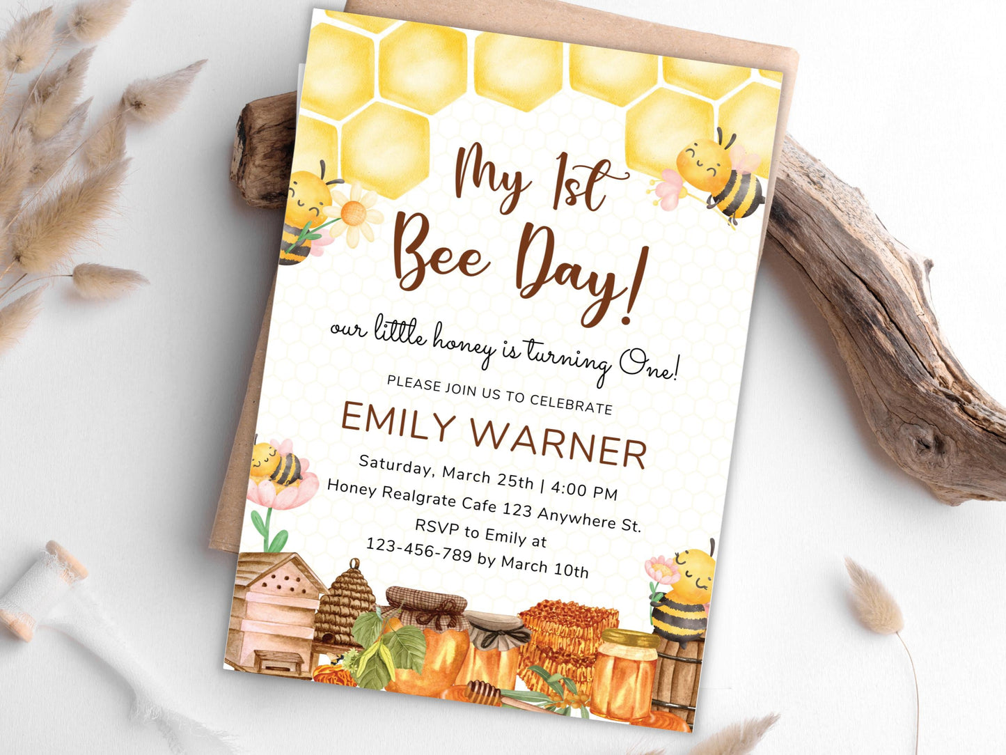 Bee 1st Birthday Invitation Template: Editable Honeycomb Design (PDF)