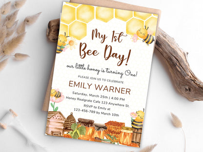 Bee 1st Birthday Invitation Template: Editable Honeycomb Design (PDF)