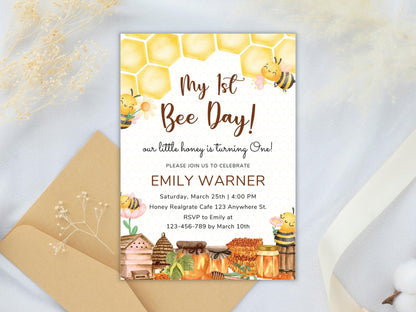 Bee 1st Birthday Invitation Template: Editable Honeycomb Design (PDF)