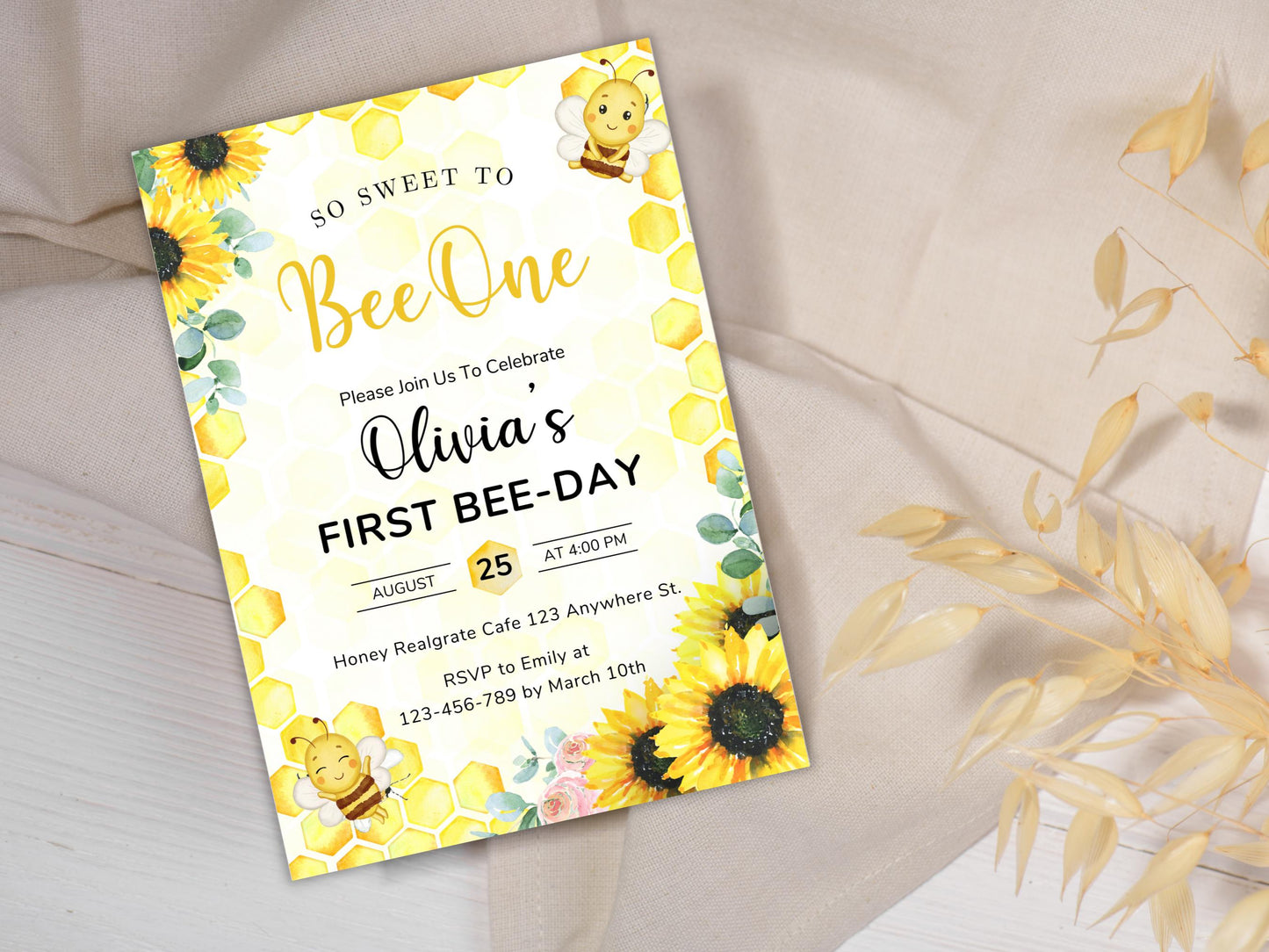 Bee First Birthday Invitation Template: Editable Canva Design (Digital Download)