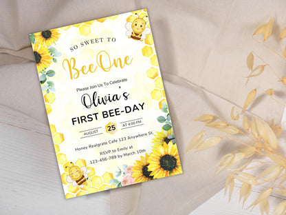 Bee First Birthday Invitation Template: Editable Canva Design (Digital Download)