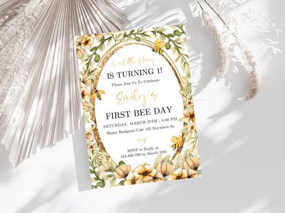 Bee First Birthday Invitation Template: Floral Honeycomb (Digital Download)