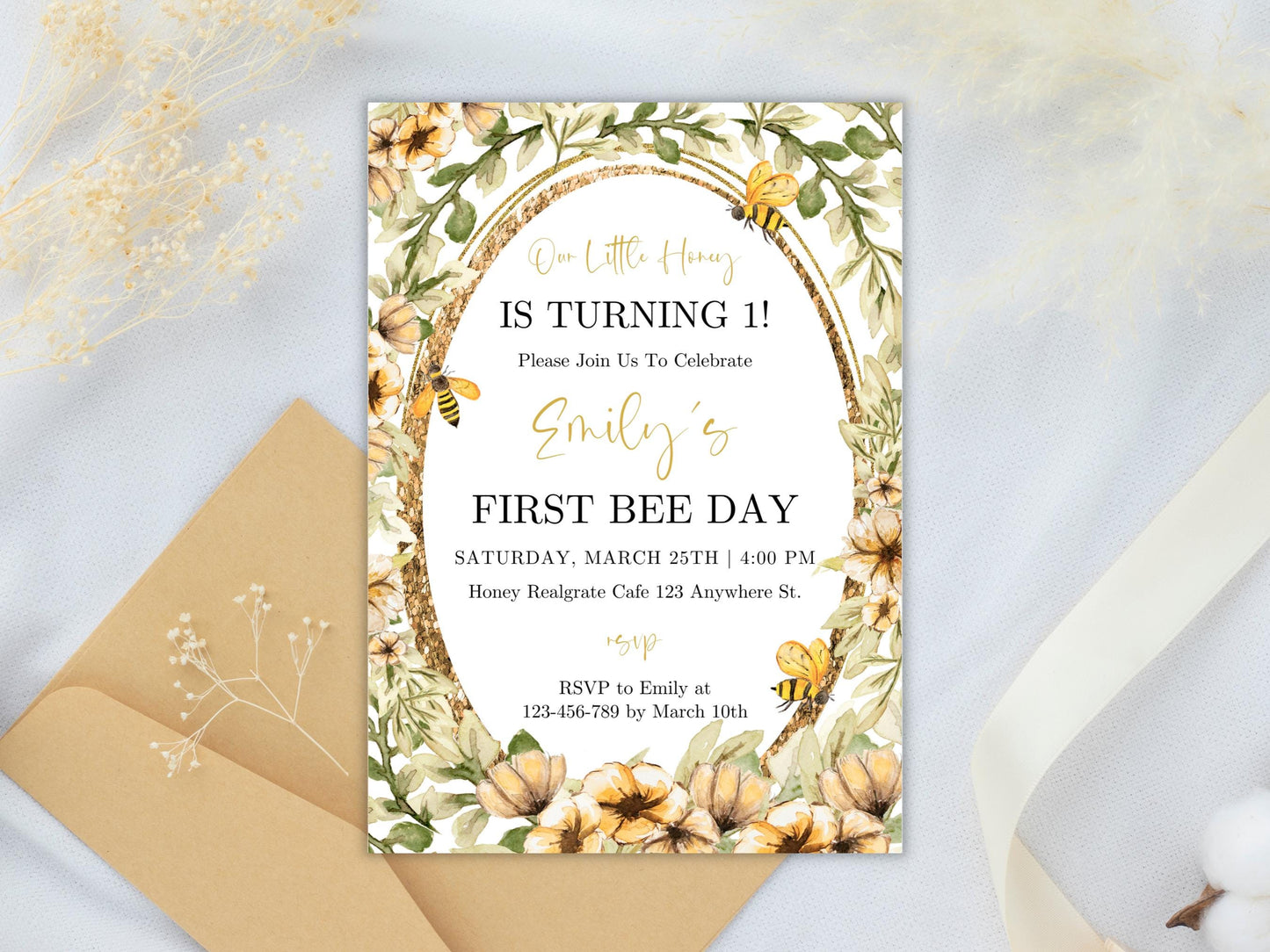 Bee First Birthday Invitation Template: Floral Honeycomb (Digital Download)