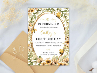 Bee First Birthday Invitation Template: Floral Honeycomb (Digital Download)