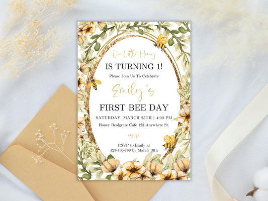 Bee First Birthday Invitation Template: Floral Honeycomb (Digital Download)
