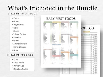 Liste modifiable des premiers aliments pour bébé : Tableau et suivi de la diversification alimentaire (Téléchargement numérique)