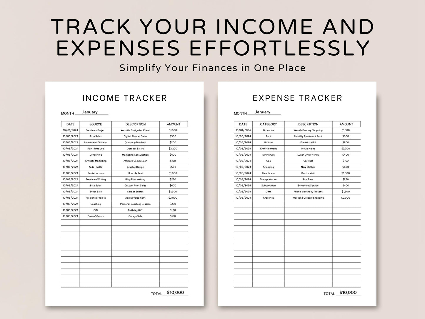 Editable Income and Expense Tracker Template (Digital Download)