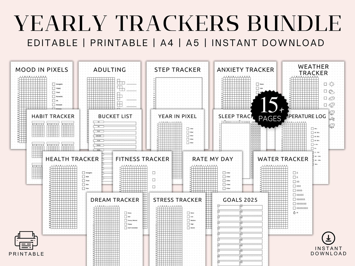 Premade Yearly Tracker Bundle, Bullet Journal Inserts A4 A5 (Digital Download)