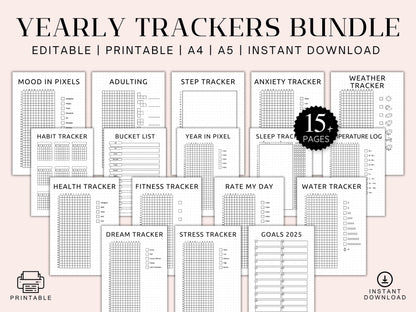 Premade Yearly Tracker Bundle, Bullet Journal Inserts A4 A5 (Digital Download)