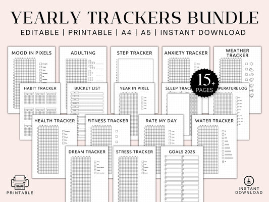 Premade Yearly Tracker Bundle, Bullet Journal Inserts A4 A5 (Digital Download)