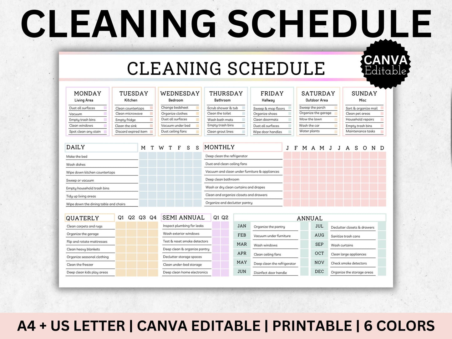 Cleaning Schedule Checklist Bundle: Editable Household Chores Chart (Canva PDF)