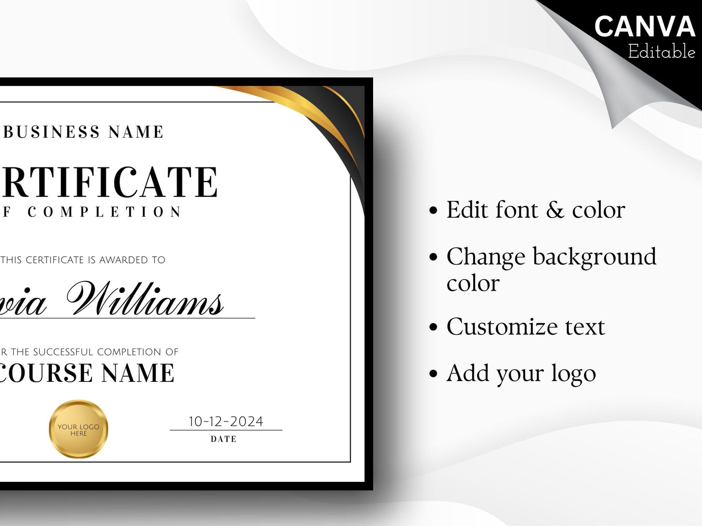 Printable Certificate of Completion Template: Elegant Course Award (Canva Editable)