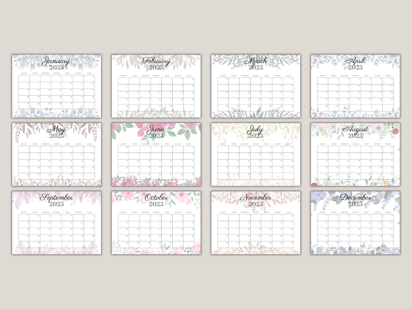 2025 Floral Calendar Printable: Monthly Elegant Design (Instant Download)