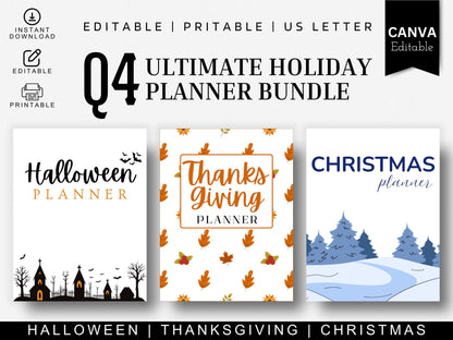 Holiday Planner Bundle PDF | Christmas + Thanksgiving + Halloween Printable Kit | Digital Download
