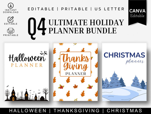 Holiday Planner Bundle PDF | Christmas + Thanksgiving + Halloween Printable Kit | Digital Download