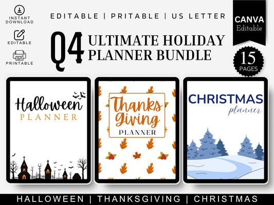 Holiday Planner Bundle PDF | Christmas + Thanksgiving + Halloween Printable Kit | Digital Download