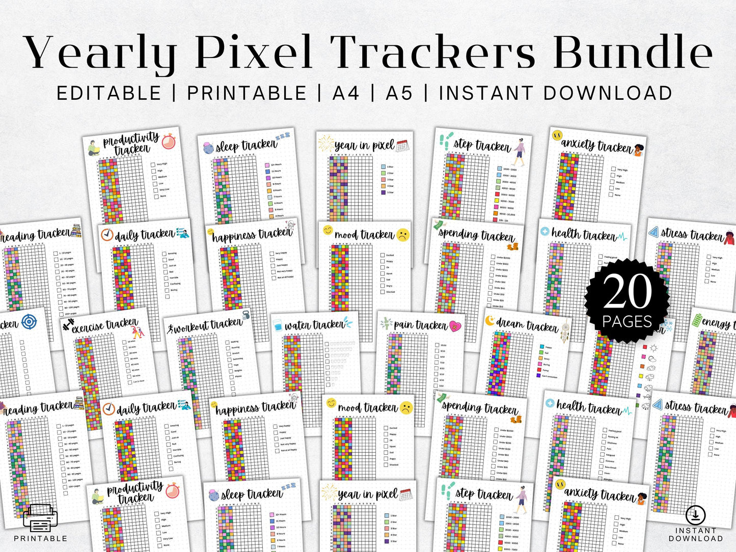 2026 Yearly Pixel Tracker Bundle, Editable & Printable (Digital Download)