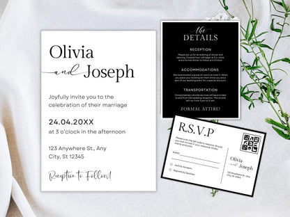 Minimalist Wedding Invitation Template with QR Code (Digital Download)