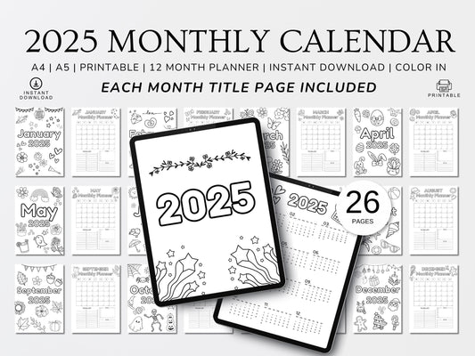 2025 Monthly Calendar Printable: A4 A5 Planner (Digital Download)
