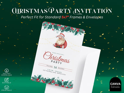 Editable Santa Hat Christmas Party Invitation | Holiday Party Invite Template | Canva Printable PDF