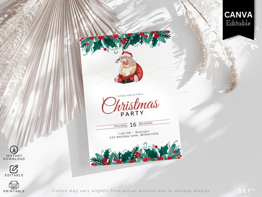 Editable Santa Hat Christmas Party Invitation | Holiday Party Invite Template | Canva Printable PDF