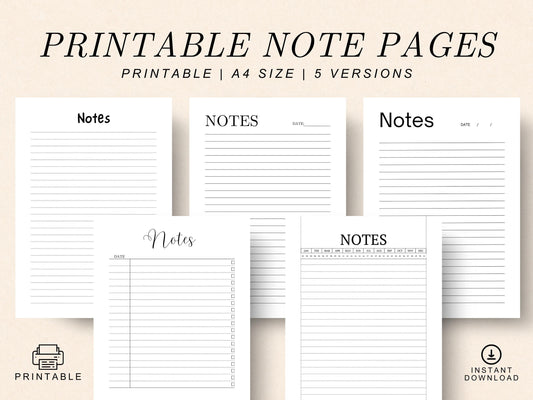 Printable Lined Note Pages: A4 Note Planner Template (Digital Download)